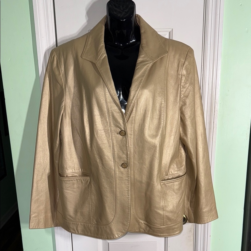 Jones New York Gold Champagne Plus Size Leather Classic Blazer Jacket Size 2X